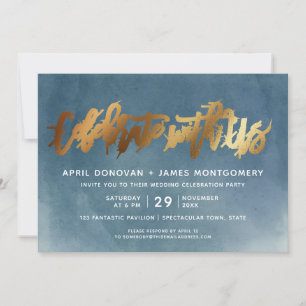 Gold Celebrate with Us Brush Typography Wedding Invitation
