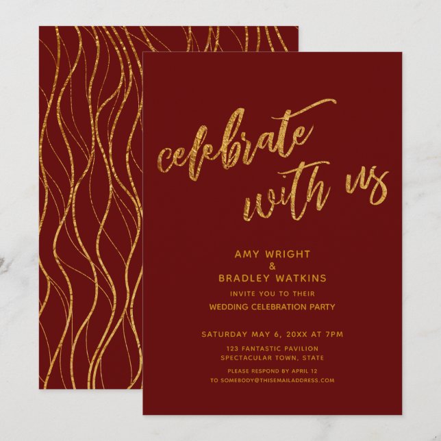 Gold Celebrate with Us Burgundy Wedding Reception Invitation (Front/Back)