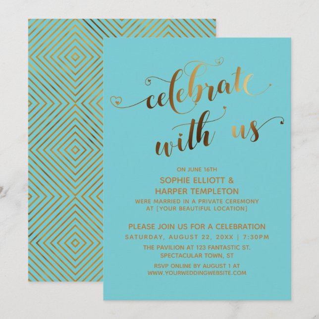 Gold Celebrate with Us on Turquoise w/ Hearts Invitation (Front/Back)