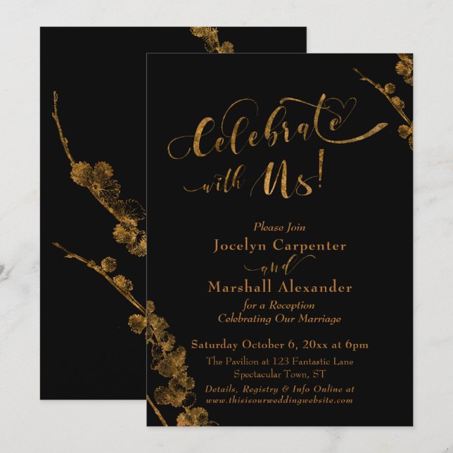Gold "Celebrate with Us" w/ Botanicals on Black Invitation (Front/Back)