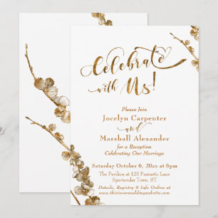Gold "Celebrate with Us" w/ Botanicals on White Invitation