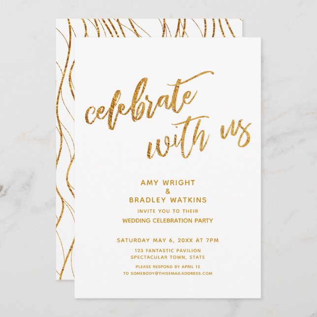 Gold Celebrate with Us White Wedding Reception Invitation (Front/Back)