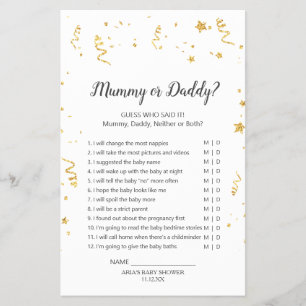 Gold Celebration Baby Shower Mummy or Daddy Game Flyer