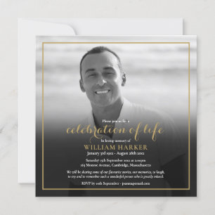 Gold Celebration of Life Black and White Photo Invitation