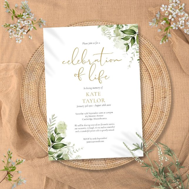 Gold Celebration of Life Greenery Floral Funeral  Invitation (Gold Celebration of Life Greenery Floral Funeral Invitation)