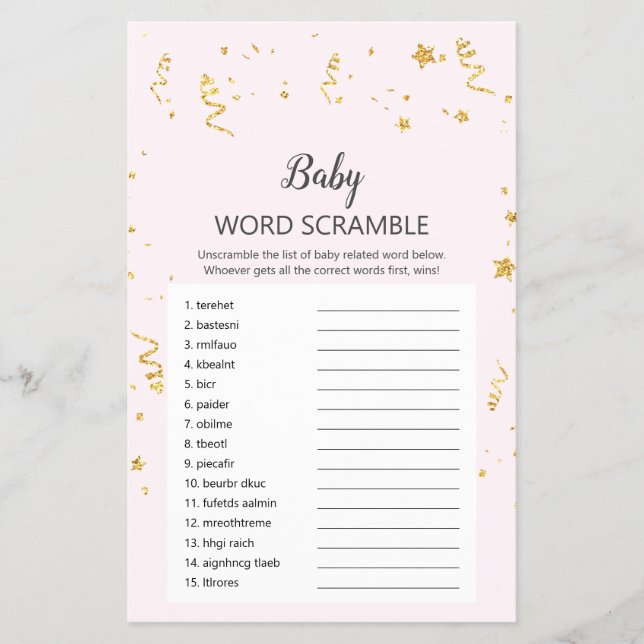 Gold Celebration on Pink Baby Word Scramble Game Flyer (Front)