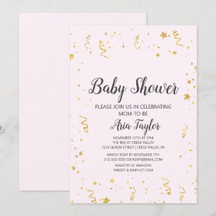 Gold Celebration on Pink Calligraphy Baby Shower Invitation