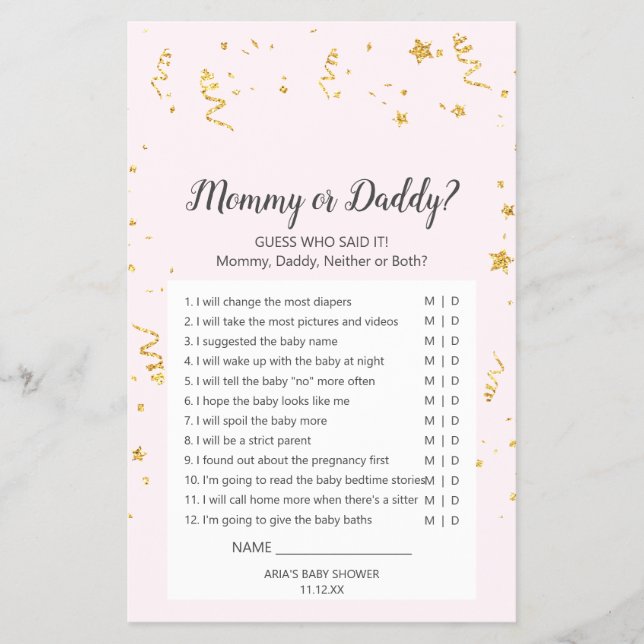 Gold Celebration on Pink Mommy or Daddy Game Flyer (Front)