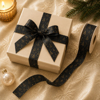 Gold Celestial Christmas Tree Pattern Ribbon Satin Ribbon