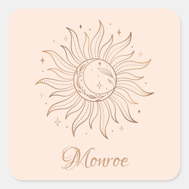 Gold Celestial Sun & Moon on Blush Square Sticker (Front)
