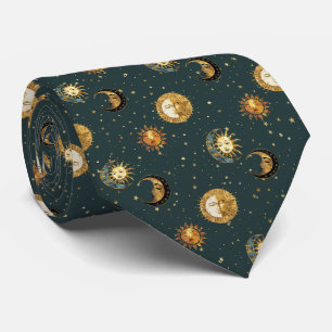 Gold Celestial Sun Moon Stars Midnight Blue Tie