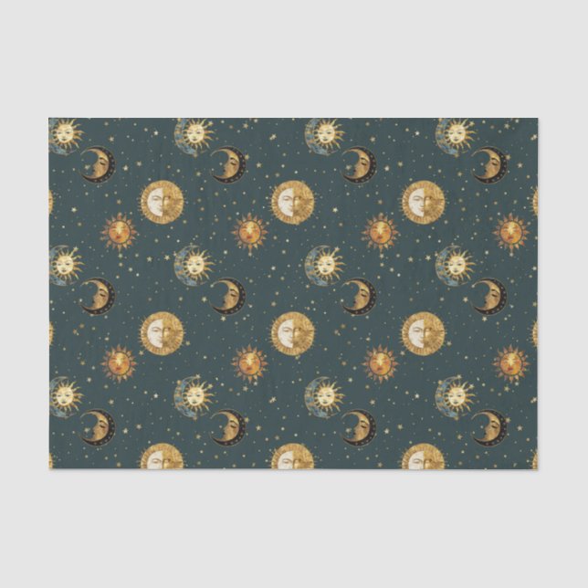 Gold Celestial Sun Moon Stars Midnight Blue Tissue Paper (Front)