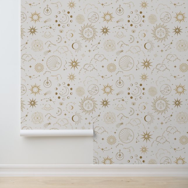 Gold Celestial Sun Moon Stars Wallpaper (Application)