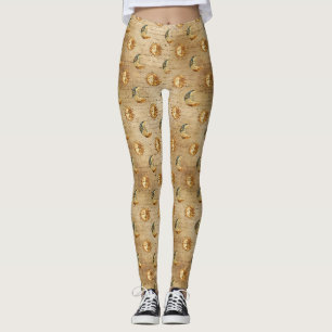 Gold Celestial Sun Moon Vintage Astrology Pattern Leggings