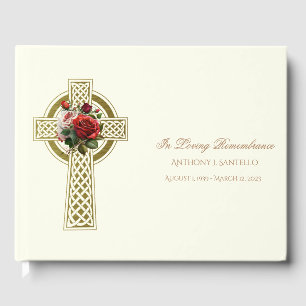 Gold Celtic Cross Irish Roses Memorial Funeral Guest Book