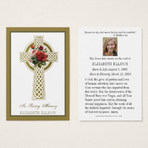 Gold Celtic Cross Roses Funeral Prayer Card