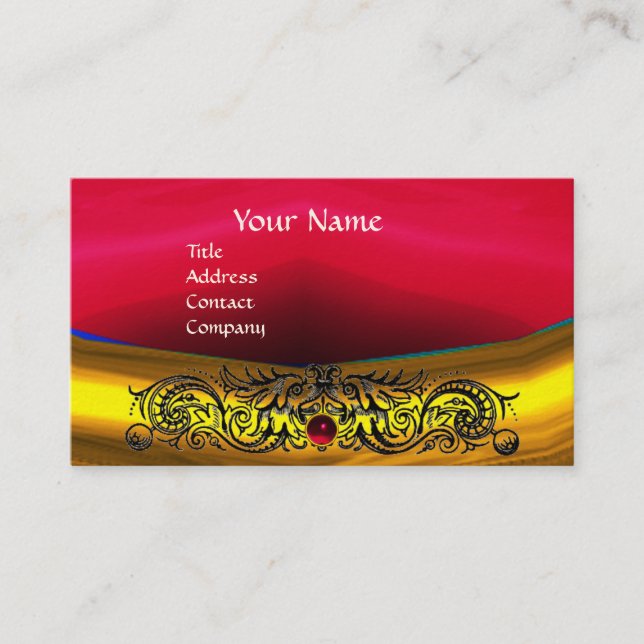 GOLD CELTIC DRAGONS RED RUBY GEMSTONE MONOGRAM BUSINESS CARD (Front)