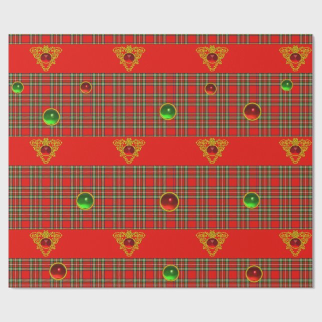 GOLD CELTIC HEART,GEMS, RED GREEN SCOTTISH TARTAN WRAPPING PAPER (Flat)