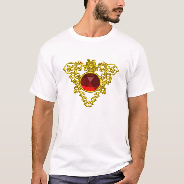 GOLD CELTIC HEART JEWEL ,KNOTS,RED RUBY GEMSTONE T-Shirt (Front)