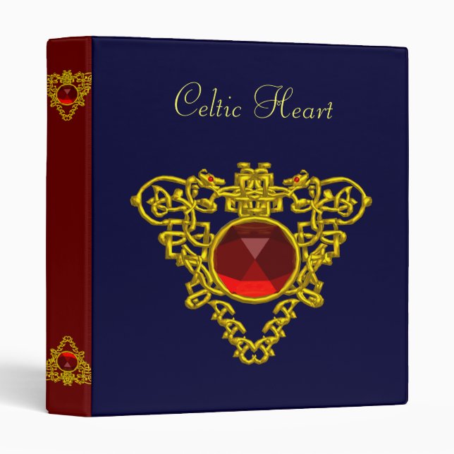 GOLD CELTIC HEART JEWEL WITH RED RUBY GEMSTONE BINDER (Front/Spine)
