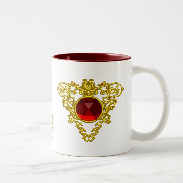GOLD CELTIC HEART JEWEL WITH RED RUBY GEMSTONE Two-Tone COFFEE MUG (Right)