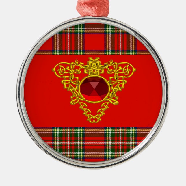 GOLD CELTIC HEART,RUBY, RED GREEN SCOTTISH TARTAN METAL ORNAMENT (Front)