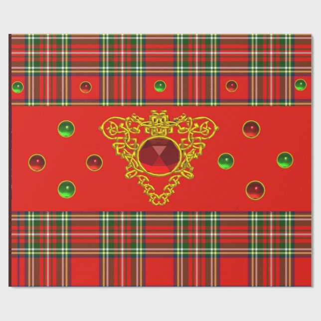 GOLD CELTIC HEART,RUBY, RED GREEN SCOTTISH TARTAN WRAPPING PAPER (Flat)