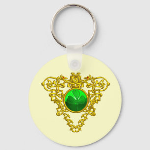 GOLD CELTIC HEART,SHAMROCK St Patrick's Day White Keychain
