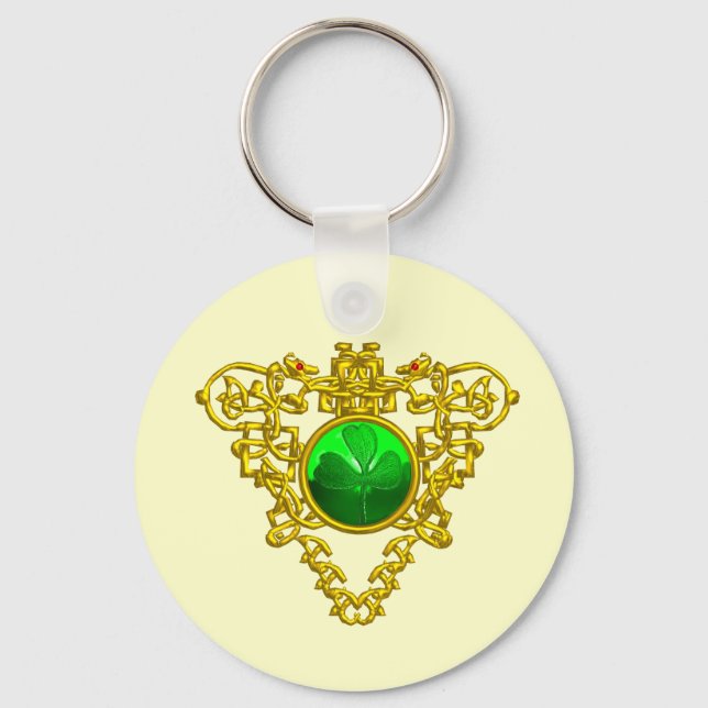 GOLD CELTIC HEART,SHAMROCK St Patrick's Day White Keychain (Front)