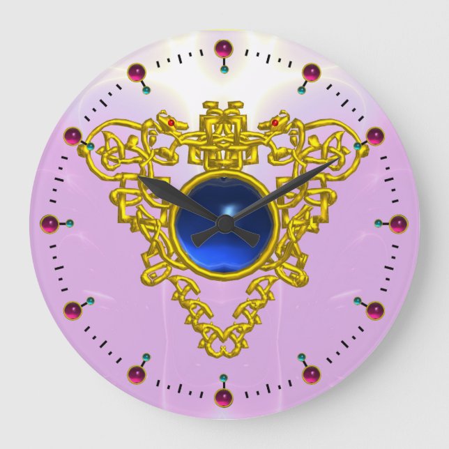 GOLD CELTIC HEART WITH  BLUE SAPPHIRE ,Black Large Clock (Front)