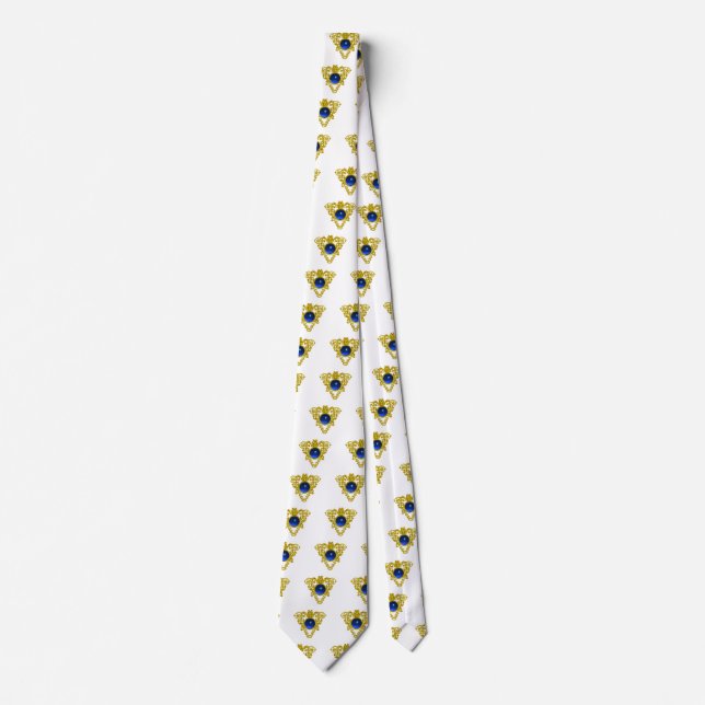 GOLD CELTIC KNOT HEART JEWEL BLUE GEMSTONE White Tie (Front)