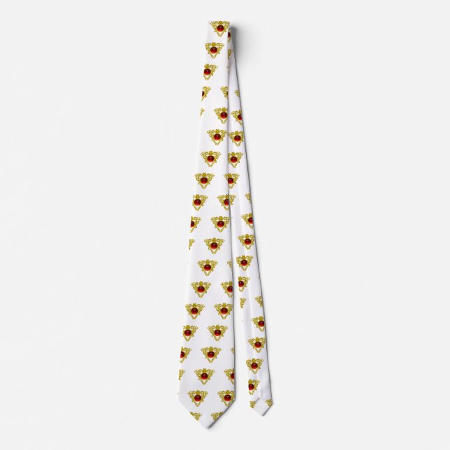 GOLD CELTIC KNOT HEART JEWEL RED GEMSTONE White Tie (Front)