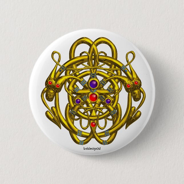 GOLD CELTIC KNOTS WITH TWIN DRAGONS 2 INCH ROUND BUTTON (Front)