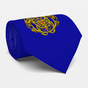 GOLD CELTIC KNOTS WITH TWIN DRAGONS Blue Tie