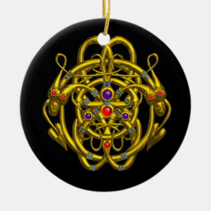 GOLD CELTIC KNOTS WITH TWIN DRAGONS CERAMIC ORNAMENT