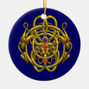GOLD CELTIC KNOTS WITH TWIN DRAGONS CERAMIC ORNAMENT
