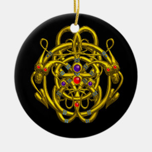 GOLD CELTIC KNOTS WITH TWIN DRAGONS CERAMIC ORNAMENT