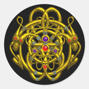 GOLD CELTIC KNOTS WITH TWIN DRAGONS CLASSIC ROUND STICKER
