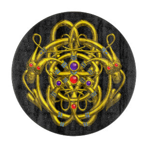 GOLD CELTIC KNOTS WITH TWIN DRAGONS IN BLACK CUTTI CUTTING BOARD