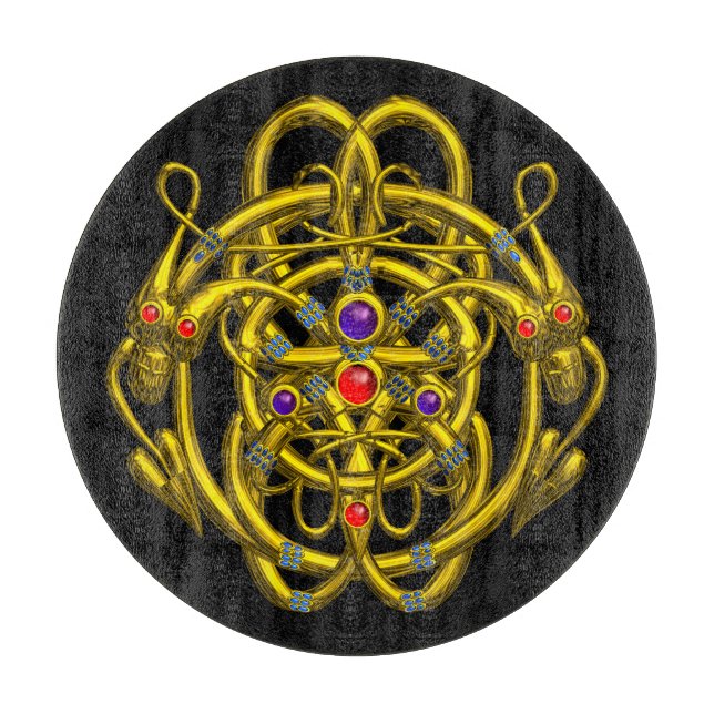 GOLD CELTIC KNOTS WITH TWIN DRAGONS IN BLACK CUTTI CUTTING BOARD (Front)