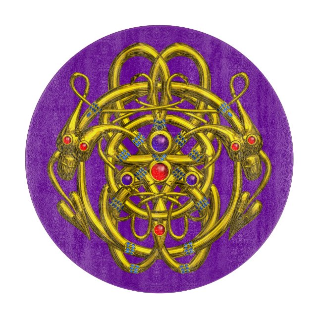 GOLD CELTIC KNOTS WITH TWIN DRAGONS IN PURPLE CUTT CUTTING BOARD (Front)