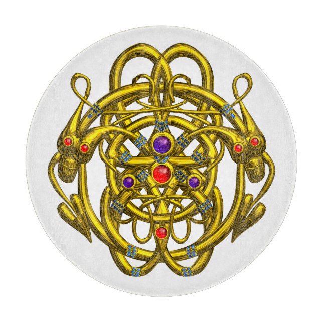 GOLD CELTIC KNOTS WITH TWIN DRAGONS IN WHITE CUTTI CUTTING BOARD (Front)
