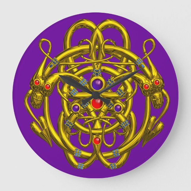 GOLD CELTIC KNOTS WITH TWIN DRAGONS LARGE CLOCK (Front)