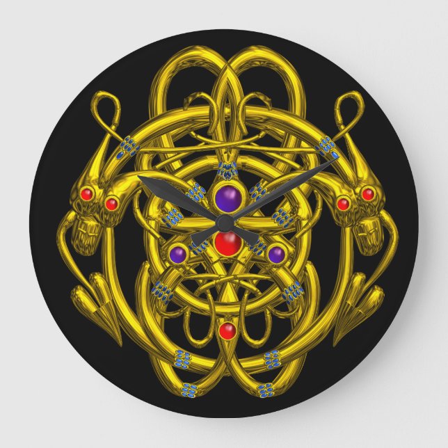 GOLD CELTIC KNOTS WITH TWIN DRAGONS LARGE CLOCK (Front)