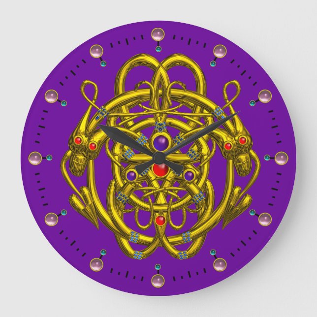 GOLD CELTIC KNOTS WITH TWIN DRAGONS LARGE CLOCK (Front)