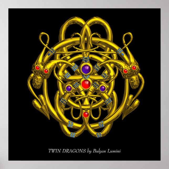 GOLD CELTIC KNOTS WITH TWIN DRAGONS POSTER (Front)