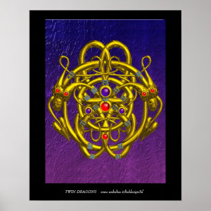 GOLD CELTIC KNOTS WITH TWIN DRAGONS POSTER