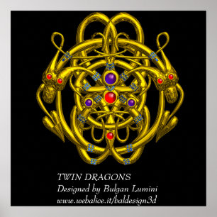 GOLD CELTIC KNOTS WITH TWIN DRAGONS POSTER