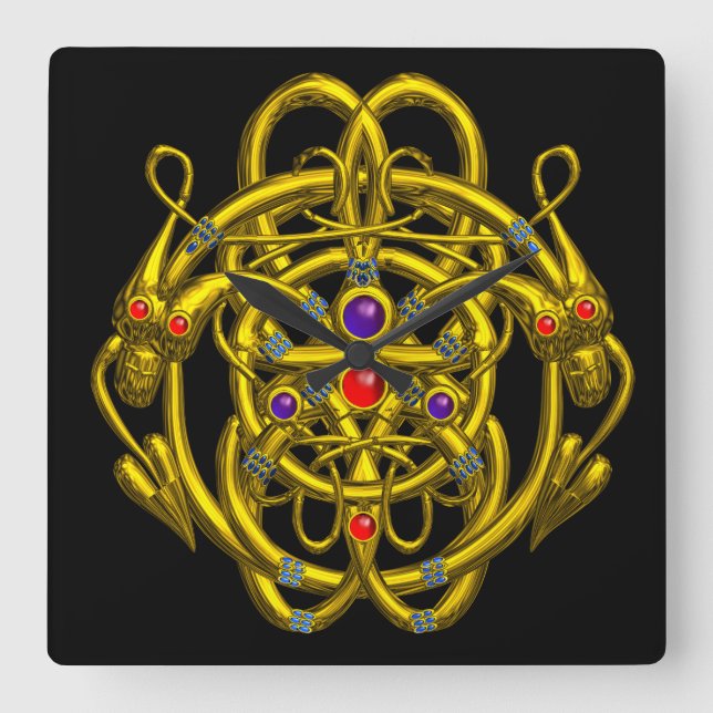 GOLD CELTIC KNOTS WITH TWIN DRAGONS SQUARE WALL CLOCK (Front)