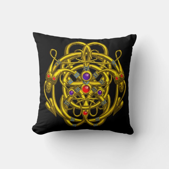 GOLD CELTIC KNOTS WITH TWIN DRAGONS THROW PILLOW (Front)